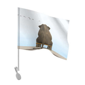 Флаг для автомобиля с принтом Слон и журавли в Екатеринбурге, 100% полиэстер | Размер: 30*21 см | bench | coast | cranes | dream | elephant | flight | sea | sitting | берег | журавли | мечты | море | полет | сидит | скамейка | слон