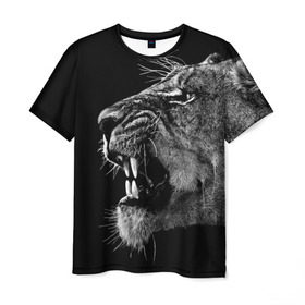 Мужская футболка 3D с принтом Львица в Екатеринбурге, 100% полиэфир | прямой крой, круглый вырез горловины, длина до линии бедер | animal | fangs | head | lion | lioness | predator | teeth | wild | голова | дикая | животное | клыки | лев | львица | оскал | хищник