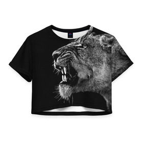 Женская футболка 3D укороченная с принтом Львица в Екатеринбурге, 100% полиэстер | круглая горловина, длина футболки до линии талии, рукава с отворотами | animal | fangs | head | lion | lioness | predator | teeth | wild | голова | дикая | животное | клыки | лев | львица | оскал | хищник
