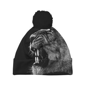 Шапка 3D c помпоном с принтом Львица в Екатеринбурге, 100% полиэстер | универсальный размер, печать по всей поверхности изделия | animal | fangs | head | lion | lioness | predator | teeth | wild | голова | дикая | животное | клыки | лев | львица | оскал | хищник