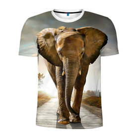 Мужская футболка 3D спортивная с принтом Слон в Екатеринбурге, 100% полиэстер с улучшенными характеристиками | приталенный силуэт, круглая горловина, широкие плечи, сужается к линии бедра | africa | animal | big | elephant | go | road | savannah | wild | африка | большой | дикий | дорога | животное | идет | саванна | слон