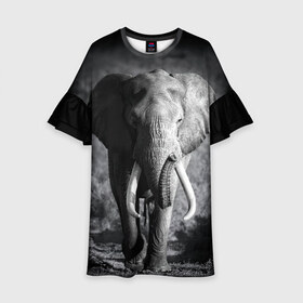 Детское платье 3D с принтом Слон в Екатеринбурге, 100% полиэстер | прямой силуэт, чуть расширенный к низу. Круглая горловина, на рукавах — воланы | africa | animal | big | black   white | elephant | go | road | savannah | wild | африка | большой | дикий | дорога | животное | идет | саванна | слон | черно   белый