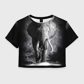 Женская футболка 3D укороченная с принтом Слон в Екатеринбурге, 100% полиэстер | круглая горловина, длина футболки до линии талии, рукава с отворотами | africa | animal | big | black   white | elephant | go | road | savannah | wild | африка | большой | дикий | дорога | животное | идет | саванна | слон | черно   белый