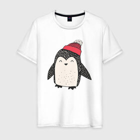 Мужская футболка хлопок с принтом Пингвин в шапке в Екатеринбурге, 100% хлопок | прямой крой, круглый вырез горловины, длина до линии бедер, слегка спущенное плечо. | Тематика изображения на принте: милота