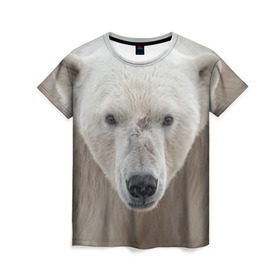 Женская футболка 3D с принтом Белый медведь в Екатеринбурге, 100% полиэфир ( синтетическое хлопкоподобное полотно) | прямой крой, круглый вырез горловины, длина до линии бедер | animal | bear | eyes | head | north | polar | predator | white | wild | белый | взгляд | голова | дикий | животное | медведь | полярный | север | хищник