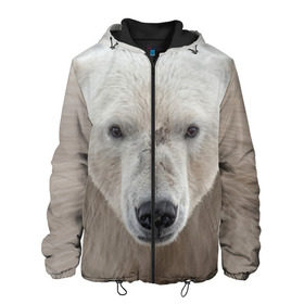 Мужская куртка 3D с принтом Белый медведь в Екатеринбурге, ткань верха — 100% полиэстер, подклад — флис | прямой крой, подол и капюшон оформлены резинкой с фиксаторами, два кармана без застежек по бокам, один большой потайной карман на груди. Карман на груди застегивается на липучку | Тематика изображения на принте: animal | bear | eyes | head | north | polar | predator | white | wild | белый | взгляд | голова | дикий | животное | медведь | полярный | север | хищник