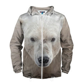 Мужская ветровка 3D с принтом Белый медведь в Екатеринбурге, 100% полиэстер | подол и капюшон оформлены резинкой с фиксаторами, два кармана без застежек по бокам, один потайной карман на груди | animal | bear | eyes | head | north | polar | predator | white | wild | белый | взгляд | голова | дикий | животное | медведь | полярный | север | хищник