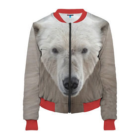 Женский бомбер 3D с принтом Белый медведь в Екатеринбурге, 100% полиэстер | застегивается на молнию, по бокам два кармана без застежек, мягкие манжеты, по низу бомбера и на воротнике — эластичная резинка | animal | bear | eyes | head | north | polar | predator | white | wild | белый | взгляд | голова | дикий | животное | медведь | полярный | север | хищник