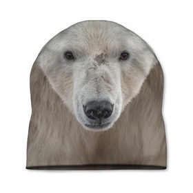 Шапка 3D с принтом Белый медведь в Екатеринбурге, 100% полиэстер | универсальный размер, печать по всей поверхности изделия | Тематика изображения на принте: animal | bear | eyes | head | north | polar | predator | white | wild | белый | взгляд | голова | дикий | животное | медведь | полярный | север | хищник