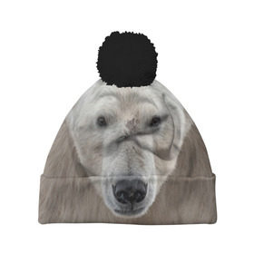 Шапка 3D c помпоном с принтом Белый медведь в Екатеринбурге, 100% полиэстер | универсальный размер, печать по всей поверхности изделия | animal | bear | eyes | head | north | polar | predator | white | wild | белый | взгляд | голова | дикий | животное | медведь | полярный | север | хищник