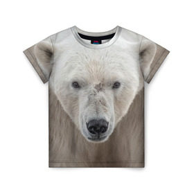Детская футболка 3D с принтом Белый медведь в Екатеринбурге, 100% гипоаллергенный полиэфир | прямой крой, круглый вырез горловины, длина до линии бедер, чуть спущенное плечо, ткань немного тянется | Тематика изображения на принте: animal | bear | eyes | head | north | polar | predator | white | wild | белый | взгляд | голова | дикий | животное | медведь | полярный | север | хищник