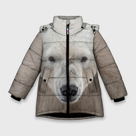 Зимняя куртка для девочек 3D с принтом Белый медведь в Екатеринбурге, ткань верха — 100% полиэстер; подклад — 100% полиэстер, утеплитель — 100% полиэстер. | длина ниже бедра, удлиненная спинка, воротник стойка и отстегивающийся капюшон. Есть боковые карманы с листочкой на кнопках, утяжки по низу изделия и внутренний карман на молнии. 

Предусмотрены светоотражающий принт на спинке, радужный светоотражающий элемент на пуллере молнии и на резинке для утяжки. | Тематика изображения на принте: animal | bear | eyes | head | north | polar | predator | white | wild | белый | взгляд | голова | дикий | животное | медведь | полярный | север | хищник