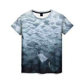Женская футболка 3D с принтом Электрические скаты в Екатеринбурге, 100% полиэфир ( синтетическое хлопкоподобное полотно) | прямой крой, круглый вырез горловины, длина до линии бедер | depth | fish | lot | ocean | power | rays | school | sea | water | вода | глубина | косяк | много | море | океан | рыбы | скаты | электрические