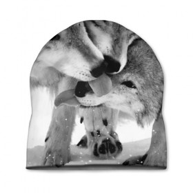 Шапка 3D с принтом Волчья семья в Екатеринбурге, 100% полиэстер | универсальный размер, печать по всей поверхности изделия | animals | black   white | family | love | predators | wild | wolves | волки | дикие | животные | любовь | семья | хищники | черно   белый