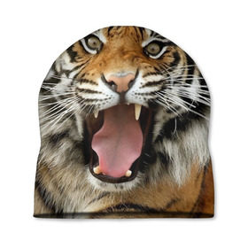 Шапка 3D с принтом Тигр в Екатеринбурге, 100% полиэстер | универсальный размер, печать по всей поверхности изделия | angry | animal | beast | jaws | predator | teeth | tiger | животное | зверь | злой | клыки | оскал | пасть | тигр | хищник