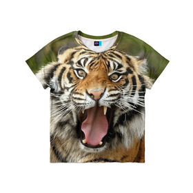 Детская футболка 3D с принтом Тигр в Екатеринбурге, 100% гипоаллергенный полиэфир | прямой крой, круглый вырез горловины, длина до линии бедер, чуть спущенное плечо, ткань немного тянется | angry | animal | beast | jaws | predator | teeth | tiger | животное | зверь | злой | клыки | оскал | пасть | тигр | хищник