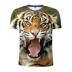 Мужская футболка 3D спортивная с принтом Тигр в Екатеринбурге, 100% полиэстер с улучшенными характеристиками | приталенный силуэт, круглая горловина, широкие плечи, сужается к линии бедра | angry | animal | beast | jaws | predator | teeth | tiger | животное | зверь | злой | клыки | оскал | пасть | тигр | хищник