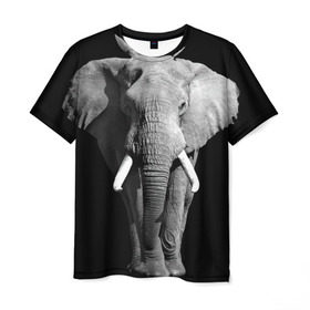 Мужская футболка 3D с принтом Слон в Екатеринбурге, 100% полиэфир | прямой крой, круглый вырез горловины, длина до линии бедер | Тематика изображения на принте: africa | big | black   white | elephant is an animal | shroud | tusks | африка | бивни | большой | животное | идет | савана | слон | черно   белый