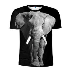 Мужская футболка 3D спортивная с принтом Слон в Екатеринбурге, 100% полиэстер с улучшенными характеристиками | приталенный силуэт, круглая горловина, широкие плечи, сужается к линии бедра | Тематика изображения на принте: africa | big | black   white | elephant is an animal | shroud | tusks | африка | бивни | большой | животное | идет | савана | слон | черно   белый
