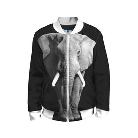 Детский бомбер 3D с принтом Слон в Екатеринбурге, 100% полиэстер | застегивается на молнию, по бокам два кармана без застежек, мягкие манжеты, по низу бомбера и на воротнике — эластичная резинка | africa | big | black   white | elephant is an animal | shroud | tusks | африка | бивни | большой | животное | идет | савана | слон | черно   белый