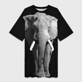 Платье-футболка 3D с принтом Слон в Екатеринбурге,  |  | africa | big | black   white | elephant is an animal | shroud | tusks | африка | бивни | большой | животное | идет | савана | слон | черно   белый