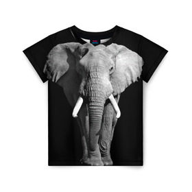 Детская футболка 3D с принтом Слон в Екатеринбурге, 100% гипоаллергенный полиэфир | прямой крой, круглый вырез горловины, длина до линии бедер, чуть спущенное плечо, ткань немного тянется | Тематика изображения на принте: africa | big | black   white | elephant is an animal | shroud | tusks | африка | бивни | большой | животное | идет | савана | слон | черно   белый