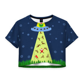 Женская футболка 3D укороченная с принтом Похищение Санта Клауса в Екатеринбурге, 100% полиэстер | круглая горловина, длина футболки до линии талии, рукава с отворотами | вязанный | дед мороз | нлоб инопланетяне | новый год | рождество | свитер