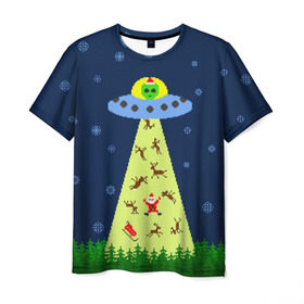 Мужская футболка 3D с принтом Похищение Санта Клауса в Екатеринбурге, 100% полиэфир | прямой крой, круглый вырез горловины, длина до линии бедер | Тематика изображения на принте: вязанный | дед мороз | нлоб инопланетяне | новый год | рождество | свитер