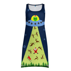 Платье-майка 3D с принтом Похищение Санта Клауса в Екатеринбурге, 100% полиэстер | полуприлегающий силуэт, широкие бретели, круглый вырез горловины, удлиненный подол сзади. | вязанный | дед мороз | нлоб инопланетяне | новый год | рождество | свитер