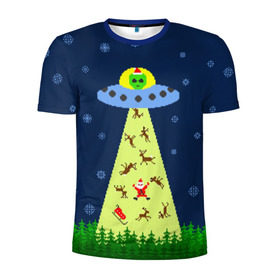 Мужская футболка 3D спортивная с принтом Похищение Санта Клауса в Екатеринбурге, 100% полиэстер с улучшенными характеристиками | приталенный силуэт, круглая горловина, широкие плечи, сужается к линии бедра | вязанный | дед мороз | нлоб инопланетяне | новый год | рождество | свитер