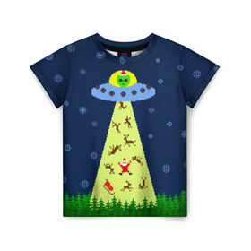 Детская футболка 3D с принтом Похищение Санта Клауса в Екатеринбурге, 100% гипоаллергенный полиэфир | прямой крой, круглый вырез горловины, длина до линии бедер, чуть спущенное плечо, ткань немного тянется | вязанный | дед мороз | нлоб инопланетяне | новый год | рождество | свитер