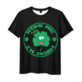 Мужская футболка 3D с принтом Ireland, Kiss me, I`m Irish в Екатеринбурге, 100% полиэфир | прямой крой, круглый вырез горловины, длина до линии бедер | Тематика изображения на принте: animation | background | black | clover | four | green | hat | im irish | ireland | kiss me | leaf | petal | printing | smile | анимация | зелёный | ирландец | ирландия | клевер | лепесток | листок | меня | печать | поцелуй | улыбка | фон | черный | четыр