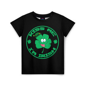 Детская футболка 3D с принтом Ireland, Kiss me, I`m Irish в Екатеринбурге, 100% гипоаллергенный полиэфир | прямой крой, круглый вырез горловины, длина до линии бедер, чуть спущенное плечо, ткань немного тянется | Тематика изображения на принте: animation | background | black | clover | four | green | hat | im irish | ireland | kiss me | leaf | petal | printing | smile | анимация | зелёный | ирландец | ирландия | клевер | лепесток | листок | меня | печать | поцелуй | улыбка | фон | черный | четыр