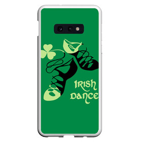 Чехол для Samsung S10E с принтом Ireland Irish dance в Екатеринбурге, Силикон | Область печати: задняя сторона чехла, без боковых панелей | Тематика изображения на принте: background | black | clover | dance | green | ireland | irish | petal | soft shoes | зеленый | ирландия | ирландский | клевер | лепесток | мягкая | обувь | танец | фон | черная