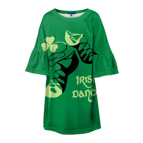 Детское платье 3D с принтом Ireland, Irish dance в Екатеринбурге, 100% полиэстер | прямой силуэт, чуть расширенный к низу. Круглая горловина, на рукавах — воланы | background | black | clover | dance | green | ireland | irish | petal | soft shoes | зеленый | ирландия | ирландский | клевер | лепесток | мягкая | обувь | танец | фон | черная