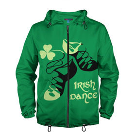 Мужская ветровка 3D с принтом Ireland, Irish dance в Екатеринбурге, 100% полиэстер | подол и капюшон оформлены резинкой с фиксаторами, два кармана без застежек по бокам, один потайной карман на груди | Тематика изображения на принте: background | black | clover | dance | green | ireland | irish | petal | soft shoes | зеленый | ирландия | ирландский | клевер | лепесток | мягкая | обувь | танец | фон | черная