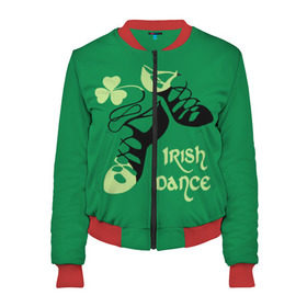 Женский бомбер 3D с принтом Ireland, Irish dance в Екатеринбурге, 100% полиэстер | застегивается на молнию, по бокам два кармана без застежек, мягкие манжеты, по низу бомбера и на воротнике — эластичная резинка | Тематика изображения на принте: background | black | clover | dance | green | ireland | irish | petal | soft shoes | зеленый | ирландия | ирландский | клевер | лепесток | мягкая | обувь | танец | фон | черная