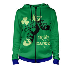Женская толстовка 3D на молнии с принтом Ireland, Irish dance в Екатеринбурге, 100% полиэстер | длина до линии бедра, манжеты и пояс оформлены мягкой тканевой резинкой, двухслойный капюшон со шнурком для регулировки, спереди молния, по бокам два кармана | background | black | clover | dance | green | ireland | irish | petal | soft shoes | зеленый | ирландия | ирландский | клевер | лепесток | мягкая | обувь | танец | фон | черная