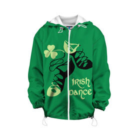 Детская куртка 3D с принтом Ireland, Irish dance в Екатеринбурге, 100% полиэстер | застежка — молния, подол и капюшон оформлены резинкой с фиксаторами, по бокам — два кармана без застежек, один потайной карман на груди, плотность верхнего слоя — 90 г/м2; плотность флисового подклада — 260 г/м2 | background | black | clover | dance | green | ireland | irish | petal | soft shoes | зеленый | ирландия | ирландский | клевер | лепесток | мягкая | обувь | танец | фон | черная