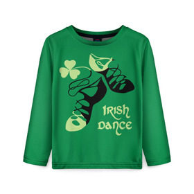 Детский лонгслив 3D с принтом Ireland, Irish dance в Екатеринбурге, 100% полиэстер | длинные рукава, круглый вырез горловины, полуприлегающий силуэт
 | background | black | clover | dance | green | ireland | irish | petal | soft shoes | зеленый | ирландия | ирландский | клевер | лепесток | мягкая | обувь | танец | фон | черная