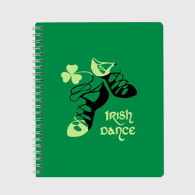 Тетрадь с принтом Ireland Irish dance в Екатеринбурге, 100% бумага | 48 листов, плотность листов — 60 г/м2, плотность картонной обложки — 250 г/м2. Листы скреплены сбоку удобной пружинной спиралью. Уголки страниц и обложки скругленные. Цвет линий — светло-серый
 | background | black | clover | dance | green | ireland | irish | petal | soft shoes | зеленый | ирландия | ирландский | клевер | лепесток | мягкая | обувь | танец | фон | черная
