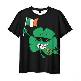 Мужская футболка 3D с принтом Ирландия, клевер с флагом в Екатеринбурге, 100% полиэфир | прямой крой, круглый вырез горловины, длина до линии бедер | animation | background | black | clover | flag | ireland | smile | stick | teeth | анимация | зубы | ирландия | клевер | очки | палка | улыбка | флаг | фон | черный