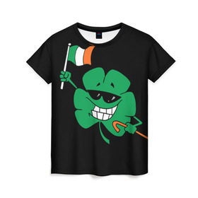 Женская футболка 3D с принтом Ирландия, клевер с флагом в Екатеринбурге, 100% полиэфир ( синтетическое хлопкоподобное полотно) | прямой крой, круглый вырез горловины, длина до линии бедер | animation | background | black | clover | flag | ireland | smile | stick | teeth | анимация | зубы | ирландия | клевер | очки | палка | улыбка | флаг | фон | черный