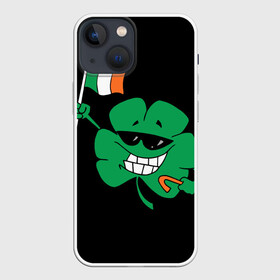 Чехол для iPhone 13 mini с принтом Ирландия, клевер с флагом в Екатеринбурге,  |  | animation | background | black | clover | flag | ireland | smile | stick | teeth | анимация | зубы | ирландия | клевер | очки | палка | улыбка | флаг | фон | черный