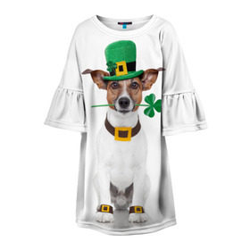 Детское платье 3D с принтом Ирландия в Екатеринбурге, 100% полиэстер | прямой силуэт, чуть расширенный к низу. Круглая горловина, на рукавах — воланы | Тематика изображения на принте: animal | breed | clover | dog | folk | fun | funny | hat | hero | ireland | irish | saint patrick | герой | животное | ирландия | ирландский | клевер | народный | порода | прикол | святой патрик | собака | шляпа | шутка