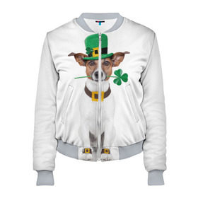 Женский бомбер 3D с принтом Ирландия в Екатеринбурге, 100% полиэстер | застегивается на молнию, по бокам два кармана без застежек, мягкие манжеты, по низу бомбера и на воротнике — эластичная резинка | animal | breed | clover | dog | folk | fun | funny | hat | hero | ireland | irish | saint patrick | герой | животное | ирландия | ирландский | клевер | народный | порода | прикол | святой патрик | собака | шляпа | шутка