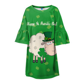 Детское платье 3D с принтом Ирландия в Екатеринбурге, 100% полиэстер | прямой силуэт, чуть расширенный к низу. Круглая горловина, на рукавах — воланы | Тематика изображения на принте: irish | sheep | st. patricks day | зеленый | ирландец | лепрекон | оваечка | овца