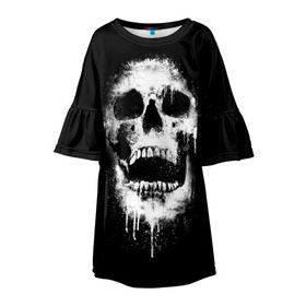 Детское платье 3D с принтом Evil Skull в Екатеринбурге, 100% полиэстер | прямой силуэт, чуть расширенный к низу. Круглая горловина, на рукавах — воланы | Тематика изображения на принте: bone | dark | death | evil | hipster | skelet | skull | кости | скелет | темнота | хипстер | череп