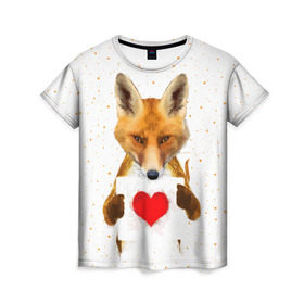 Женская футболка 3D с принтом Влюбленная лиса в Екатеринбурге, 100% полиэфир ( синтетическое хлопкоподобное полотно) | прямой крой, круглый вырез горловины, длина до линии бедер | Тематика изображения на принте: animal | beast | fox | heart | love | orange | животное | зверь | лис | лиса | личиска | любовь | рыжая | сердце