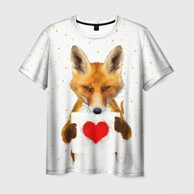 Мужская футболка 3D с принтом Влюбленная лиса в Екатеринбурге, 100% полиэфир | прямой крой, круглый вырез горловины, длина до линии бедер | Тематика изображения на принте: animal | beast | fox | heart | love | orange | животное | зверь | лис | лиса | личиска | любовь | рыжая | сердце